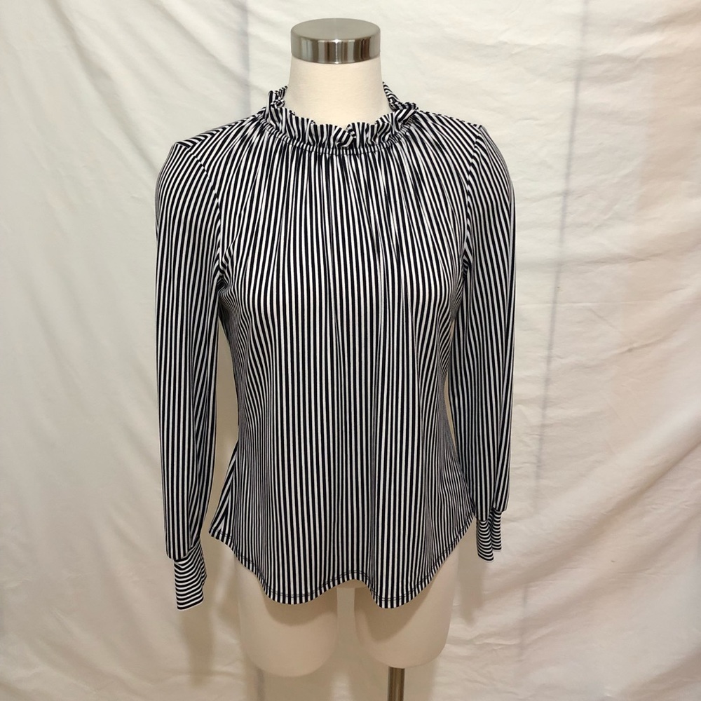 Long sleeve striped blouse with ruffled collar
